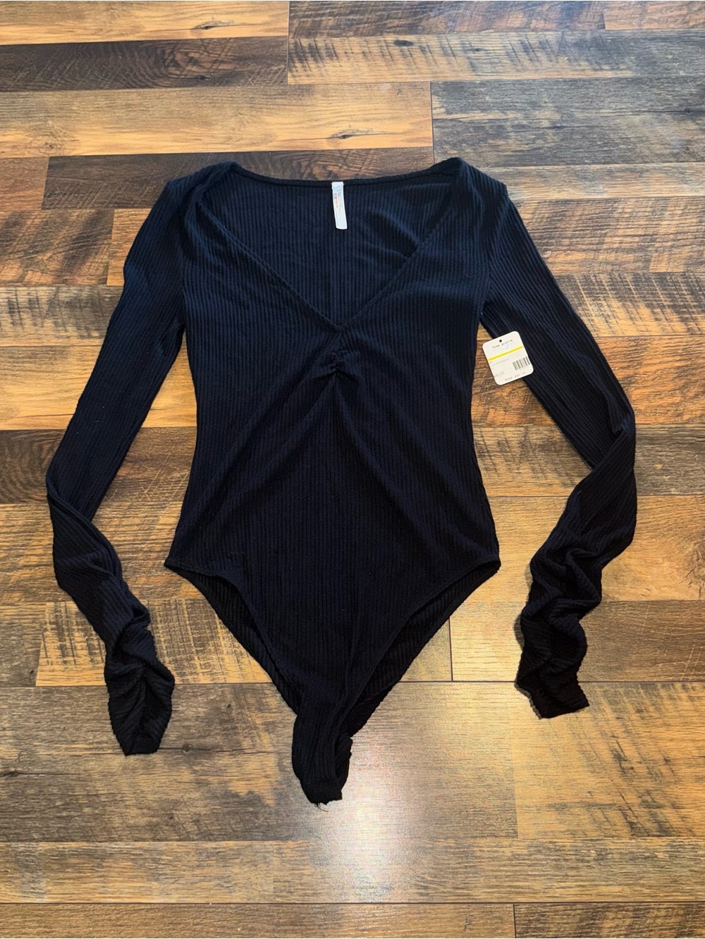 Free People Black Ribbed Twisted V-Neck Long Sleeve Bodysuit